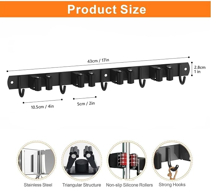 CUXIXA 2 Pack Mop and Broom Holder Wall Mount, Non-slip Broom Hanger Wall Mount, Heavy Duty Mop Broom Organizer for Kitchen Garden Garage Laundry Room Wall Decor Organization and Storage Black 4R5H