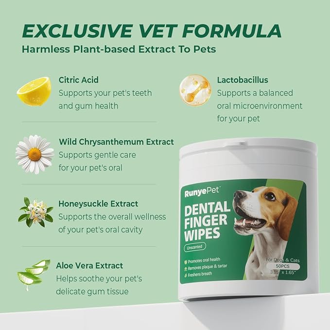 Pet Dental Finger Wipes for Dog & Cats, Remove Bad Breath by Removing Plaque and Tartar Buildup No-Rinse Dog Finger Toothbrush, Disposable Gentle Cleaning & Gum Care Pet Wipes, (Large 50 ct)