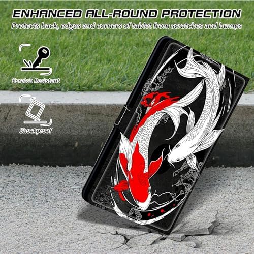 Universal Tablet Case for T-Mobile Revvl Tab 2 10.1" 2025/Revvl Tab 5G 10.36" 2023, 360 Degree Rotating Kickstand Protective Stand PU Leather Shell Cover for 9"-10.5", Red White Fish