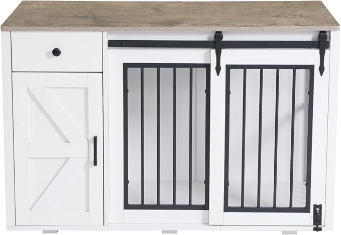 Verano Garden 44" Dog Crate Furniture, Dog Kennel (44" Left Facing Door) | 2-in-1, Lockable, Sliding Door, Removable Divider, Adjustable Shelf, Farmhouse, Heavy Duty, Small Medium Dogs, White