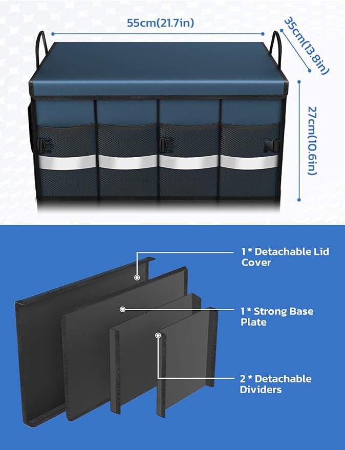 Oasser Car Trunk Organizer Collapsible Multi Compartments Trunk Organizer for SUV with Foldable Cover Reflective Strip | 4 Mesh Pockets, 600D, Non-Slip Bottom, Reflective Strip, 35kg Load, for SUV Saloon Estate Daily Storage, Shop & Family Trip