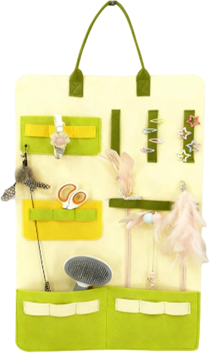 Indoor Cat Toy Organizer Bag Wall Hanging Cat Teaser Wand Holder Large Capacity Durable Felt Storage for Pet Supplies Green One Size