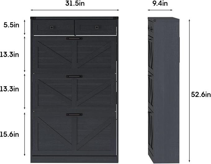 Halitaa Shoe Cabinet with 3 Flip Drawers & 2 Drawers,Freestanding Shoe Storage Cabinet for Entryway,Farmhouse Narrow Slim Organizer Rack for Foyer,Hallway,Black
