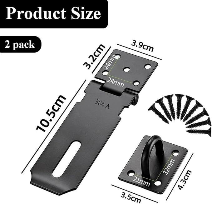 2 Pack 4 Inch Black Door Padlock Hasp, Stainless Steel Shed Gate Lock Latch, Heavy Duty Security Lock with Screws, for Cabinet, Pet Cage, Crate, Fence, Window, External Doors