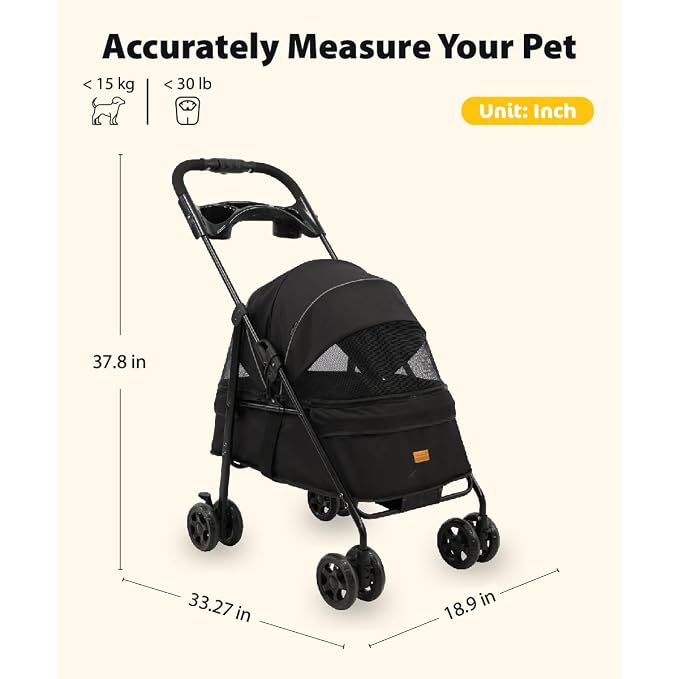 One-Click Foldable Pet Stroller, Lightweight Fixed Carrier Cart for Small Medium Dogs Cats, Portable Travel Small Dog Stroller Up to 40 lbs,Large Cat Stroller, Black ﻿