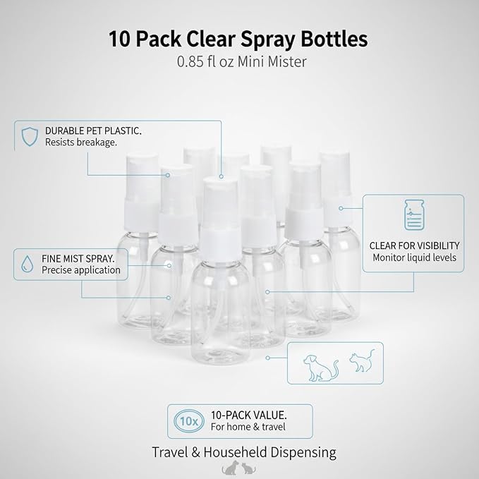 10-Pack Clear Mini Dispenser Bottles, 0.85 oz PET Plastic Travel Containers with Funnel for Toiletries and Household Use