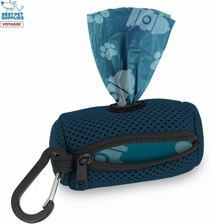 Best Pet Supplies Dog Poop Bag Holder Leash Attachment with Reusable Dispenser for Travel, Walking, Park, and Outdoor Use, Durable with Clip-On - Prussian Blue, Mesh Dispenser w/15 Bags