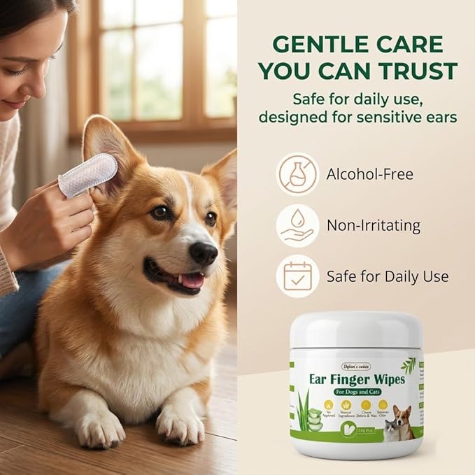Dylan's cabin Dog Ear Wipes - 150 Count Finger Wipes for Dogs and Cats, Pet Ear Cleaning Remove Wax Dirt Debris, Odor Gentle Alcohol Free Daily Ear Care