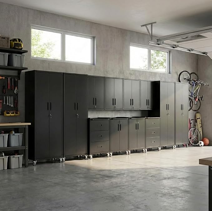 12-Piece Heavy Duty Steel Garage Cabinet System | All-in-One Modular Garage Cabinet Set for Ultimate Workshop Organization | Easy Assembly Garage Storage Cabinets & Tool Bench (Black)