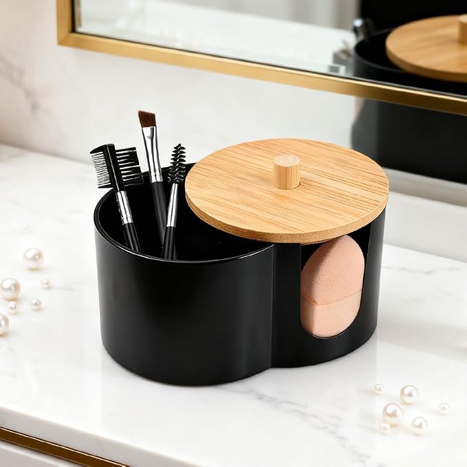 Qtip Holder Dispenser, Dual Compartment Cotton Swab Organizer | Black Dual Compartment Organizer With Dustproof Lid For Cotton Swabs And Pads, Helping Keep Bathroom Countertops Neat.