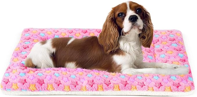 Mora Pets Dog Crate Pad Bed Ultra Soft Pet Mat Star Print Pink 23 x 18 Inch | Washable Crate Mat for Small Medium Large Dogs, Reversible Fleece Dog Crate Kennel Mat Flat Cat Bed Liner