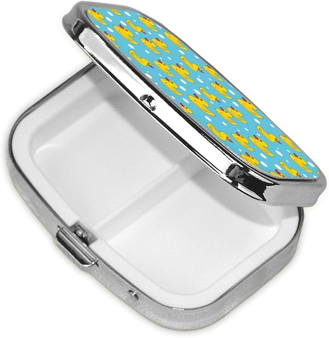 Metal Pill Box AM/PM Compartments Small Medicine Organizer Supplements Case Travel Essential, Yellow Rubber Duck Print