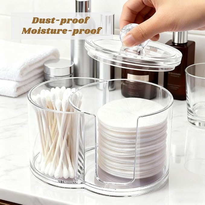 Qtip Holder Dispenser, Dual Compartment Cotton Swab Organizer | Clear Dual Compartment Organizer With Dustproof Lid For Cotton Swabs And Pads, Helping Keep Bathroom Countertops Neat