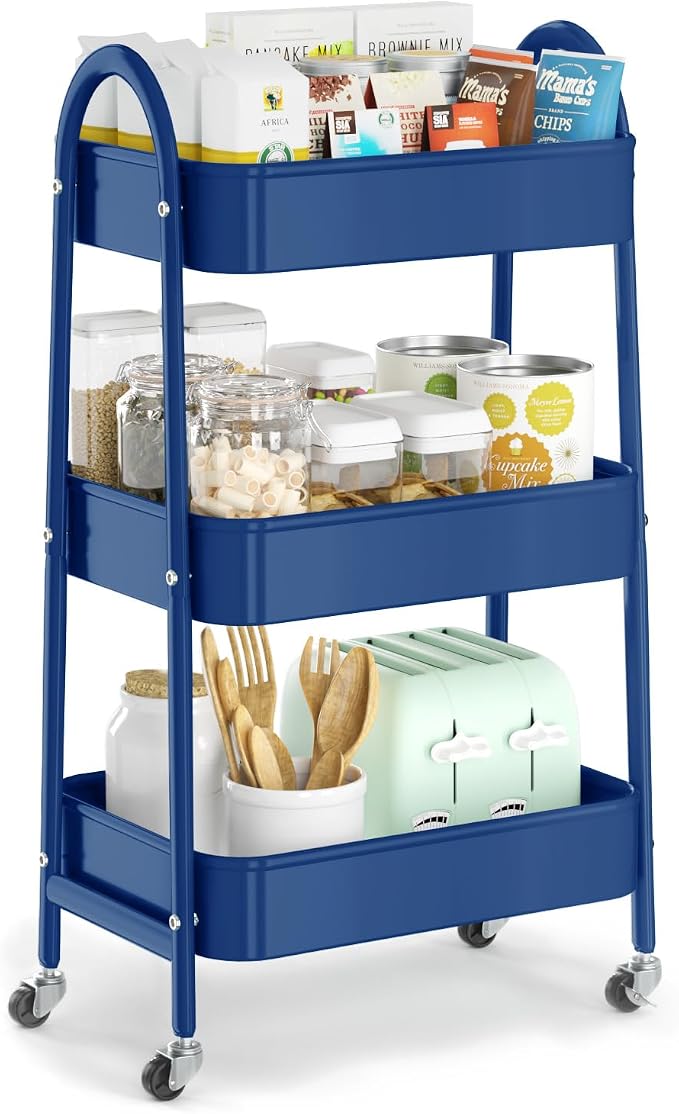 3 Tier Utility Rolling Cart, Metal Storage Cart with Handle and Lockable Wheels, Multifunctional Storage Organizer Trolley with Mesh Baskets for Kitchen, Living Room, Office, Garage (Indigo)
