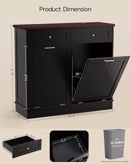 Betterhood Double Tilt Out Trash Cabinet with Power Outlet & USB, Hidden Garbage Can Holder with 2 Storage Drawers, Wooden Laundry Hamper for Kitchen, Bathroom, Living Room, Black