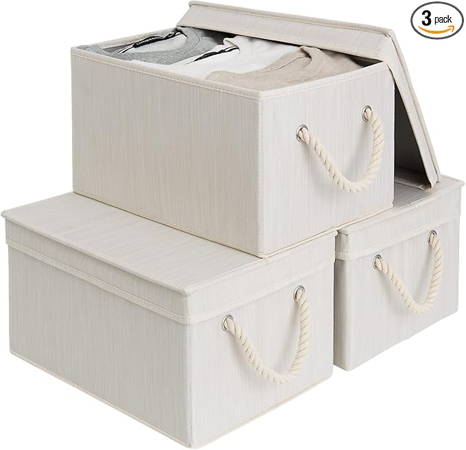StorageWorks Storage Bins with Lids, Decorative Storage Boxes with Soft Rope Handles, Foldable Stackable Storage Baskets for Closet, Shelves, 3-Pack, Ivory and White, Large
