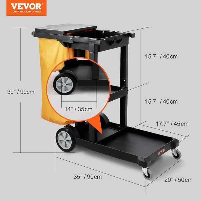 VEVOR Cleaning Cart, 3-Shelf Commercial Janitorial Cart, 200 lbs Capacity Plastic Housekeeping Cart, with 25 Gallon PVC Bag and Cover, 47 x 20 x 38.6in, Yellow&Black