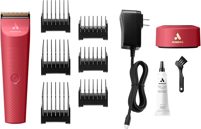 Andis 79125 Vida 5-in-1 Cordless Adjustable Blade Pet Hair Clipper, 11-Piece Kit, Non-Slip Design, Slim Profile, Versitile Fit, Grooming, Raspberry