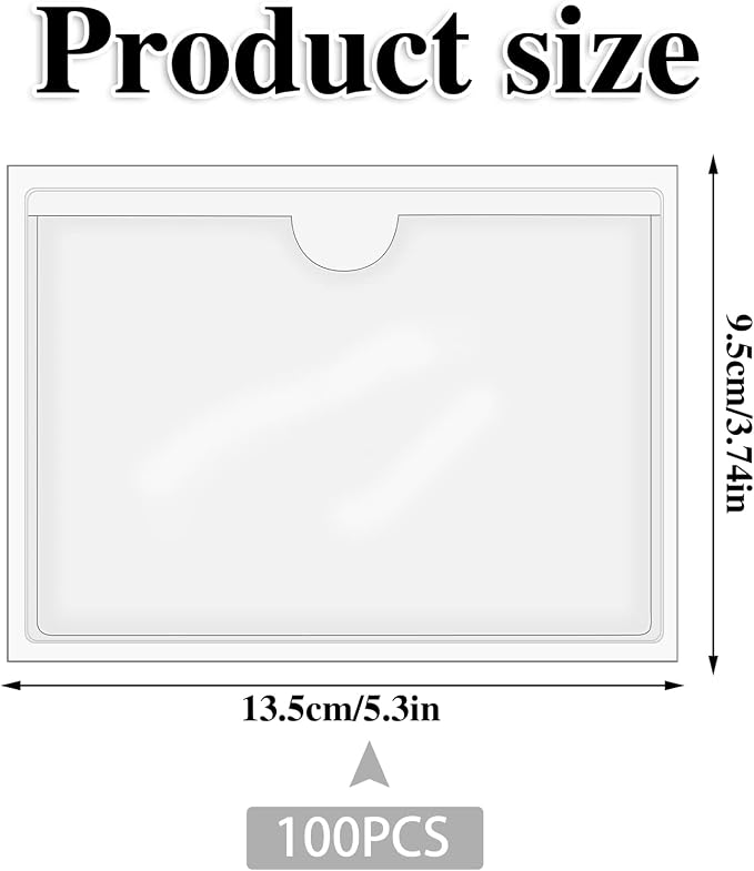 100 Pack Self-Adhesive 3" x 5" Index Card Pockets Clear Lables Holder | Pvc Clear Pockets, Strong Adhesive, Fits Bins Folders Shelves, Protects Cards Photos Labels