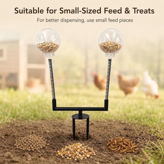 Chicken Treat Dispenser Toy, 15.7-Inch Dual-Spring Slow Feeder with 2 Clear Pecking Balls and Ground Stake, 360-Degree Rotating Enrichment Toy for Hens and Backyard Chickens