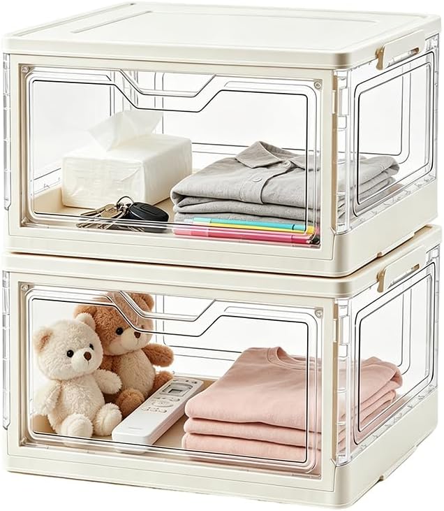 Collapsible Storage Bins with Lid, Clear Stackable Organizer Box, 15.35" x 11.02" x 8.66", for Clothes, Books, Snacks (2-Tier)