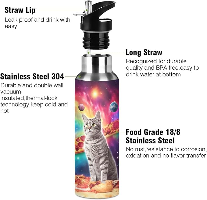 Cat Pizza Planets Space Water Bottle with Straw Lid Kids Insulated Stainless Steel Water Flask Sports, 20 Oz Hot Cold