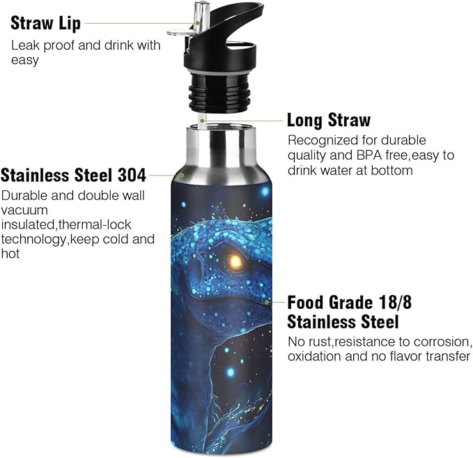 Tech Dinosaur Blue Galaxy Water Bottle with Straw Lid Kids Insulated Stainless Steel Water Flask Sports, 20 Oz Hot Cold