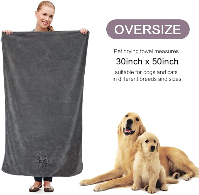 KinHwa Dog Towel Super Absorbent Pet Bath Towel Microfiber Dog Drying Towel for Small, Medium, Large Dogs and Cats 30inch x 50inch Dark-Gray