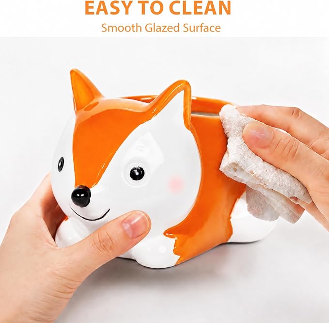 Ceramic Fox Shaped Pen Pencil Holder for Desk Decoration Accessories Fox Decor Makeup Brush Pen Cups Office School Ideal Gifts for Women, Mom or Birthdays