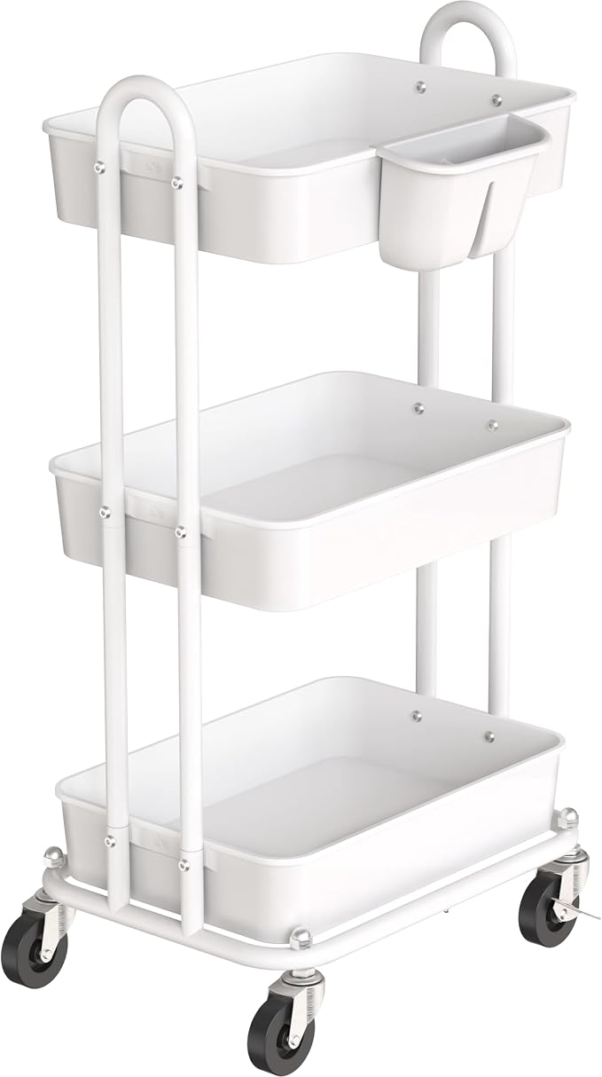 Simple Houseware 3-Tier Rolling Utility Cart with Hanging Bucket, White | Storage for Bathroom, Kitchen, Office, Study Room, Nursery Diaper