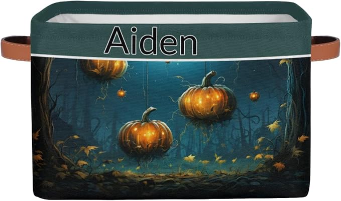Custom Storage Baskets for Kids with Name, Happy Halloween Pumpkins Night Forest Large Foldable Organizer Collapsible Storage Bin with Leather Handle for Home Toys Closet Nursery