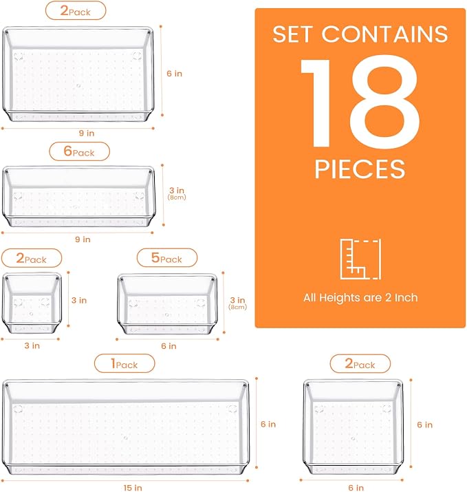 Drawer Organizer, 18 Pack Large Clear Plastic Kitchen Drawer Organizers Set, 6 Size Versatile Bathroom and Vanity Drawer Organizer Trays, Storage Bins for Makeup, Bedroom, Kitchen Utensils