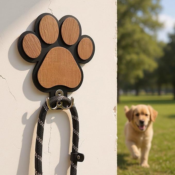 2 Pcs Wooden Paw Print Pet Leash Hook, Dog Leash Holder Wall Mounted Wooden Pet Organizer Double Hook for Dog Collars Entryway Accessories