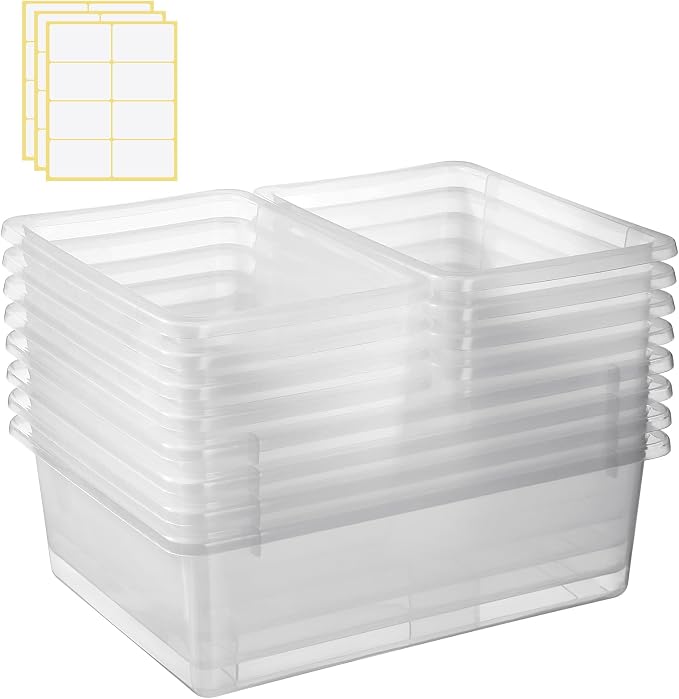 Zonon 12 Pcs Plastic Cubby Bins Office Storage Container Storage Bins Plastic Organization with 1 Pack Self Adhesive Label for Library Office Home Nursery(Clear)