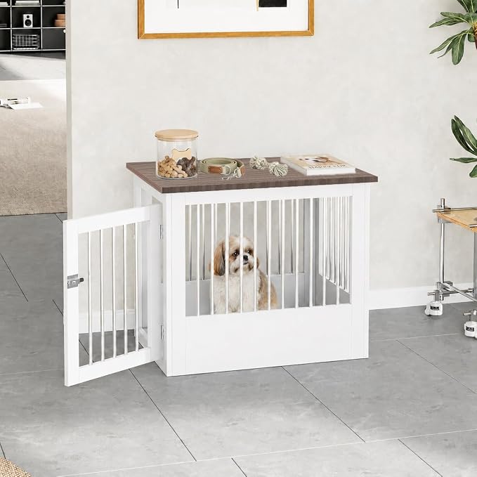 30" Wooden Dog Crate Furniture,Medium Kennel Pet Cage End Table for Indoor | for Small Medium Dogs, White and Wood, Fits Living Room Bedroom, Heavy Duty Steel Frame with Lock 45 lbs Cap, 100 lbs Top.