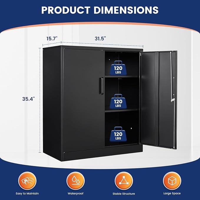 Metal Garage Storage Cabinet with 2 Doors and 2 Adjustable Shelves - 35.5" Steel Lockable File Counter Cabinet for Home Office,Garage,Gym,School（Black）