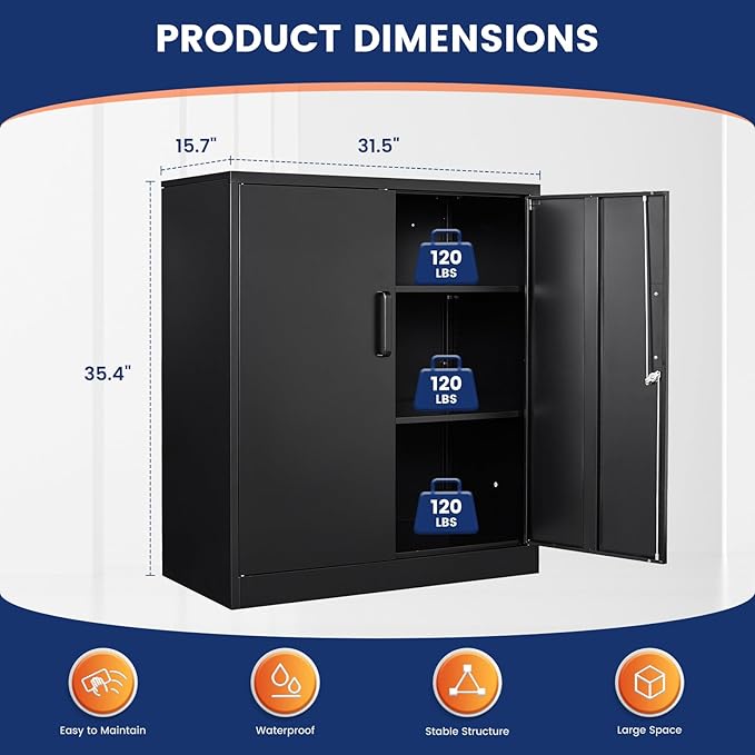 Metal Garage Storage Cabinet with 2 Doors and 2 Adjustable Shelves - 35.5" Steel Lockable File Counter Cabinet for Home Office,Garage,Gym,School（Black） (Pack of 2)