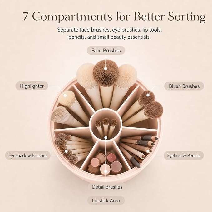 EACHY Makeup Brush Holder with Lid, 360° Rotating Vanity Organizer for Brushes, Dustproof Cosmetic Display Case, 7 Compartments, Waterproof Plastic (Pink)
