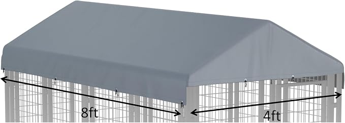 Outdoor Dog Kennel Cover 8'L x 4'W Replacement Dog Kennel Cover Gray | 420D Silver-Plated Waterproof UV-Protective Oxford Fabric Includes a Ball-Ended Elastic Lanyard (Frame Not Included)