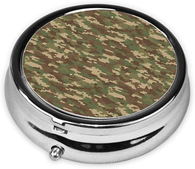 Purse Pill Organizer, Camouflage Camo Military Style Cute Round Box, Compact Case for Vitamins, Travel Dispenser Pocket Carry for Her
