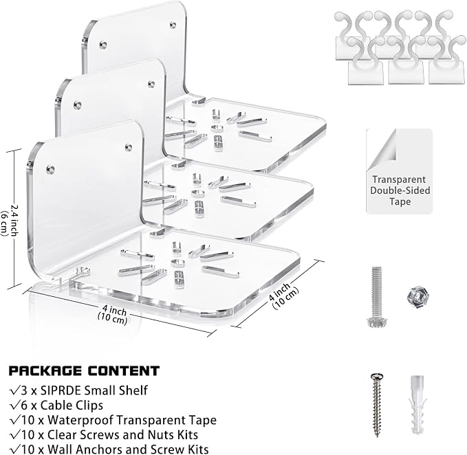 SIPRDE Acrylic Small Wall Shelf Set of 3 for Security Cameras, Speakers, Baby Monitors & More - 4'' Universal Adhesive Shelf Easy to Install No Drill, with Cable Clips (Clear) | Compatible for Speakers, Baby Monitors, Universal Adhesive Wall Shelf, Bat...