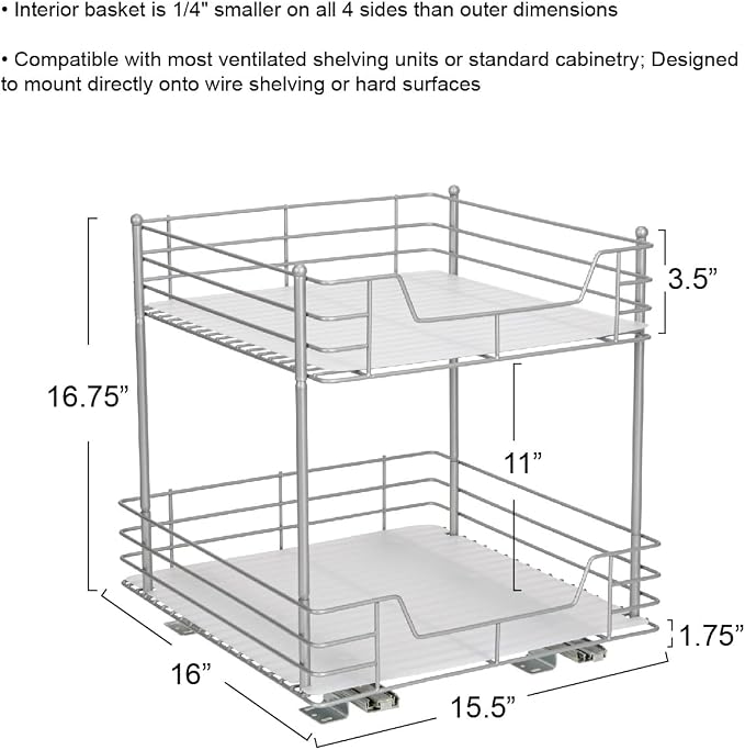 Household Essentials Brushed Steel & Plastic Two-Tier Pantry Organizer, Silver