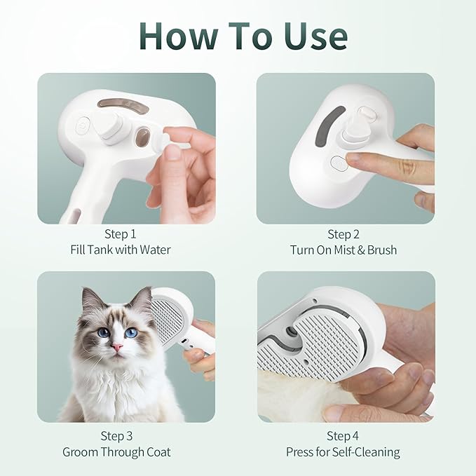 Pet Steam Deshedding Brush for Dogs & Cats – 3-in-1 Self-Cleaning Grooming Comb, Anti-Static Cool Mist Spray, USB Rechargeable, Reduces Shedding on Long & Short Hair Pets (White)