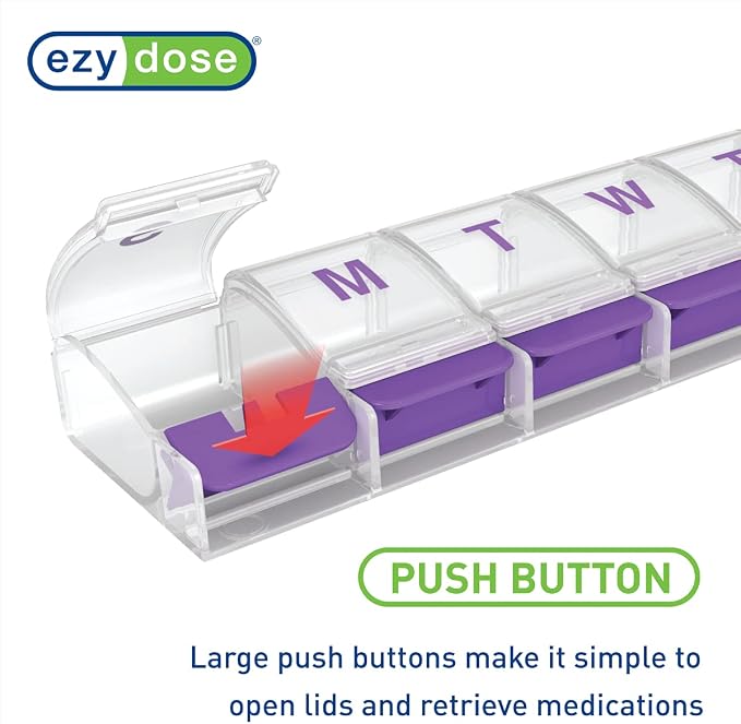 EZY DOSE Weekly (7-Day) Push Button Pill Organizer and Planner, Arthritis Friendly, X-Large, Clear Lids, Purple (67571PAMT) (Pack of 2)