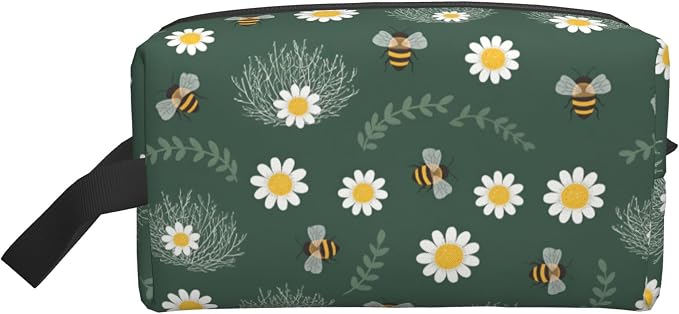 Dark Green Bee & Daisy Makeup Bag - Durable 600D Oxford Fabric Travel Cosmetic Bag, Shockproof Foam Padded Toiletry Organizer for Gym & Daily Use 10x6.2x4.9 Inch