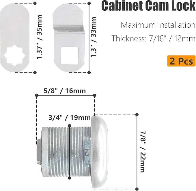 2 Pack 5/8" Cabinet Cam Lock Keyed Alike, Nickel RV Mailbox Lock | Zinc Alloy Nickel-Plated, Waterproof Cap, Includes Offset And Straight Cam, For Drawer Tool Box RV