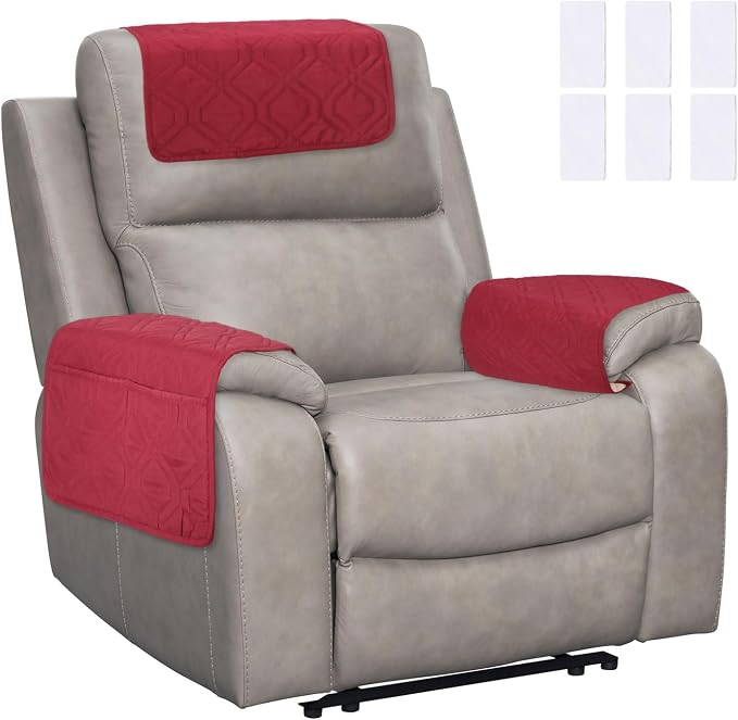 uxcell 3Pcs Sofa Armrest Covers, Armchair Covers with Side Storage Pocket Waterproof Recliner Chair Protector Anti-Slip Couch Arm Headrest Furniture Protect for Home Living Room, Red
