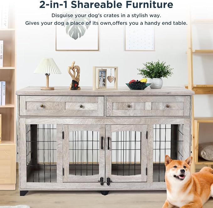 GarveeHome Large Dog Crate Furniture with 2 Drawers and Removable Divider | Two storage drawers, removable center divider, indoor housing for two medium large dogs