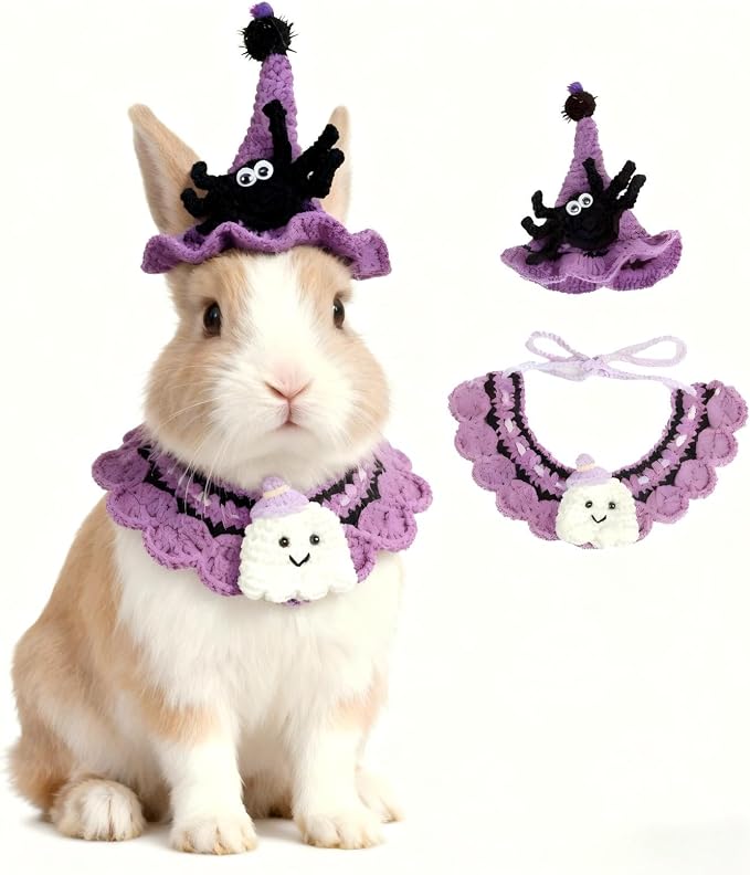 Halloween Cat Costume & Dog Outfit – Handmade Purple Witch Hat & Cute Ghost Cat Clothes, Adjustable Pet Outfit for Rabbits,Cats &Small Dogs, Lightweight & Breathable, Festive Pet Accessories