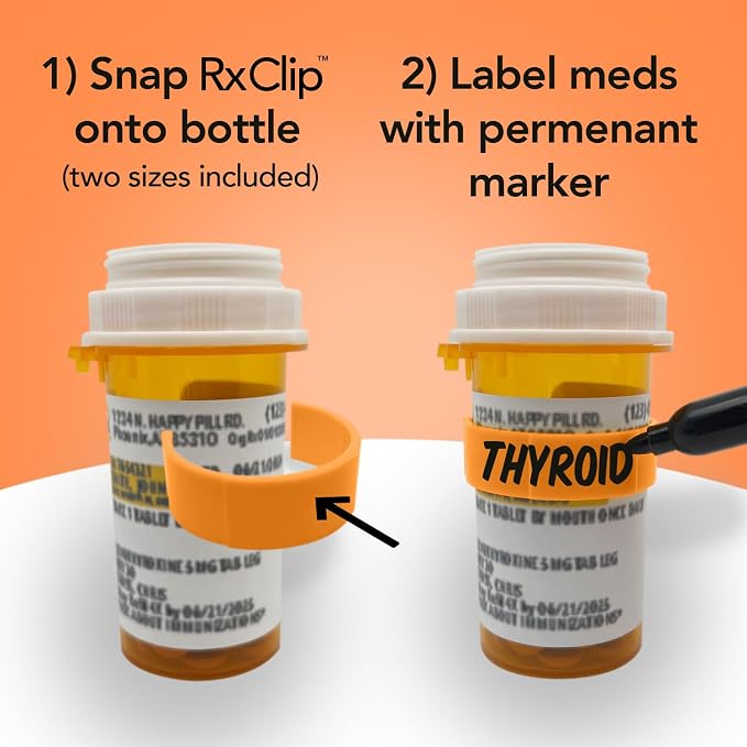 20 Pack Medicine Bottle Label Clips for Easy Medication Identification - 20ct Multipack with Marker (Tangerine)